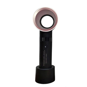 "PremierLash Lash Fan by A & E Beauty Supplies, portable bladeless fan with noise-cancelling technology for efficient lash drying. open cycle on top of a stand."