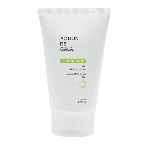 "A 125 ml bottle of Limpiderm Deep Clean Gel by Action de Gala, a purifying cleanser designed for oily and combination skin, ideal for facials and daily use, available at A & E Beauty Supplies. A clean white 
bottle on a white background"