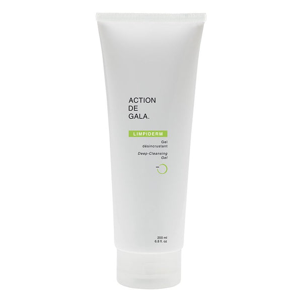 "A 200 ml bottle of Limpiderm Deep Clean Gel by Action de Gala, a purifying cleanser designed for oily and combination skin, ideal for facials and daily use, available at A & E Beauty Supplies. A clean white 
bottle on a white background"
