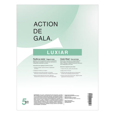 "Luxiar Caviar Mask Sheets, infused with caviar extract for hydration and rejuvenation. enhancing skin radiance and elasticity. Infused with luxurious caviar extract"