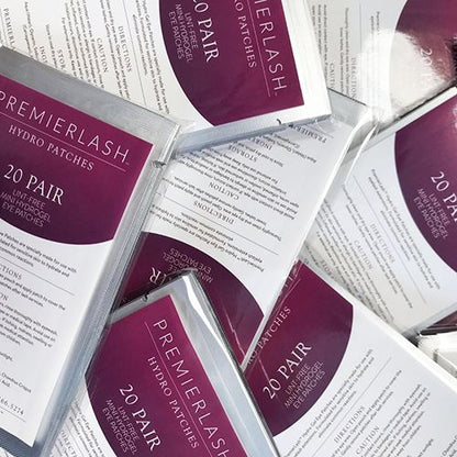 PremierLash Mini Hydro Gel Eye Pads from A & E Beauty Supplies, 20 pairs, flexible, residue-free eye pads for lash extension protection.