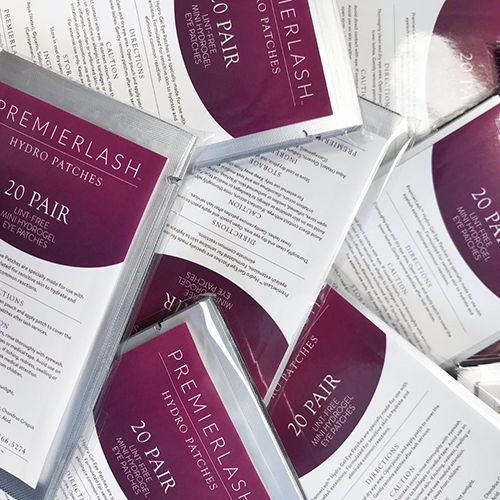PremierLash Mini Hydro Gel Eye Pads from A & E Beauty Supplies, 20 pairs, flexible, residue-free eye pads for lash extension protection.