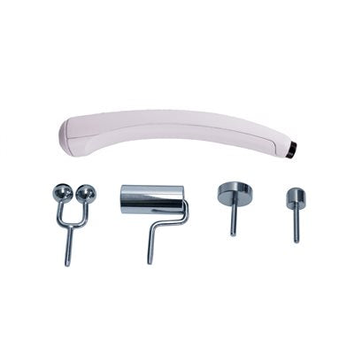 "A multi-purpose electrode kit containing a handpiece and four electrodes: a small round stud electrode, a flat disc electrode, a dual-pronged electrode for precise treatment, and a roller electrode for larger surface areas. The electrodes are made of durable materials, each designed for different skin treatment areas like the face and body. The handpiece is used to securely attach the electrodes."