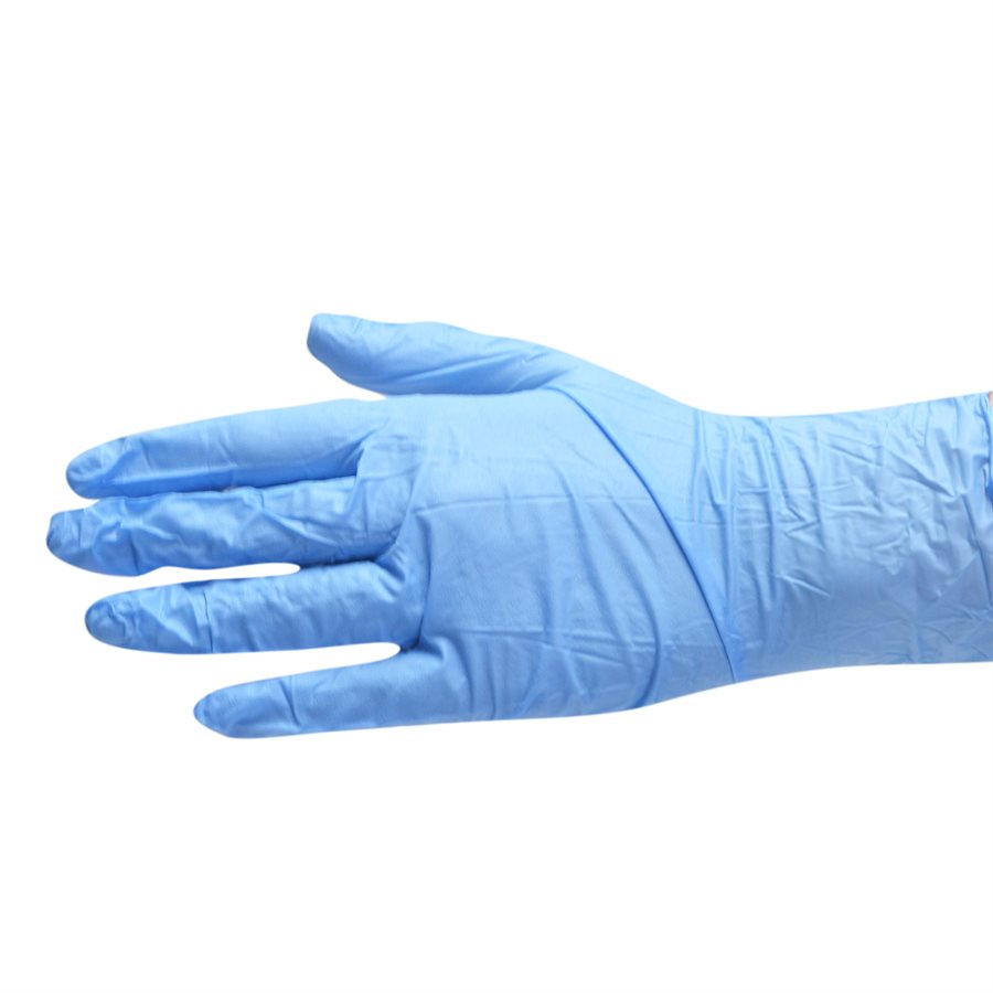 "Box of 100 blue nitrile powder-free gloves in various sizes for professional use."