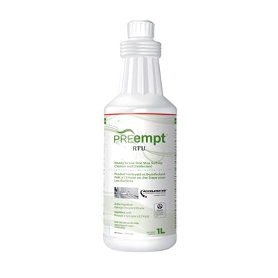 "Pre-empt RTU ready to use, 4L disinfectant for effective sterilization of tools in beauty and medical settings. large white jug with handle with liquid inside"