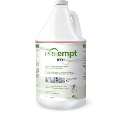 "Pre-empt RTU ready to use, 4L disinfectant for effective sterilization of tools in beauty and medical settings. large white jug with handle with liquid inside"