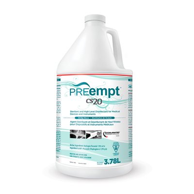 Preempt CS20 (4L), a high-level disinfectant solution designed for professional sterilization in medical and beauty settings. Large white jug with a hole on one side full o liquid