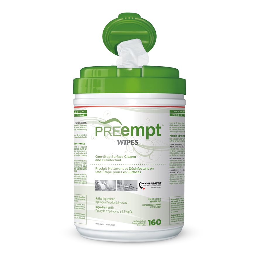 "Preempt RTU Wipes in a convenient, easy-to-use container, designed for professional surface disinfecting. Round plastic container with sheets that all out from the top"