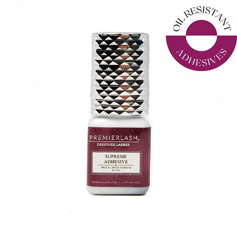 "Premier Supreme Adhesive 5ml PremierLash - A & E Beauty Supplies
Small bottle with silver reflective lid that has diamond shape texture with a Burgundy label"