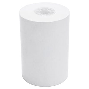 Close-up of a single roll of white thermal printer paper, designed for use with Apilus Platinum and SX-500. The roll is cylindrical and wrapped in a smooth, glossy white paper material with faint grooves visible along the length."