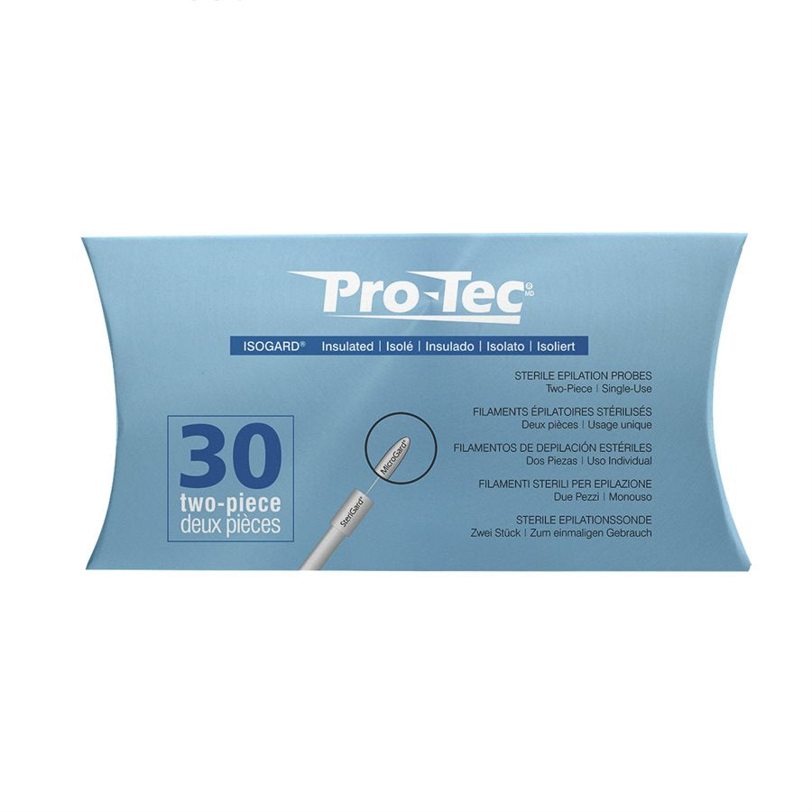 Pro-Tec Isogard Insulated Probes - 30pk for Electrolysis Hair Removal. Blue cardboard package with dark blue and white lettering