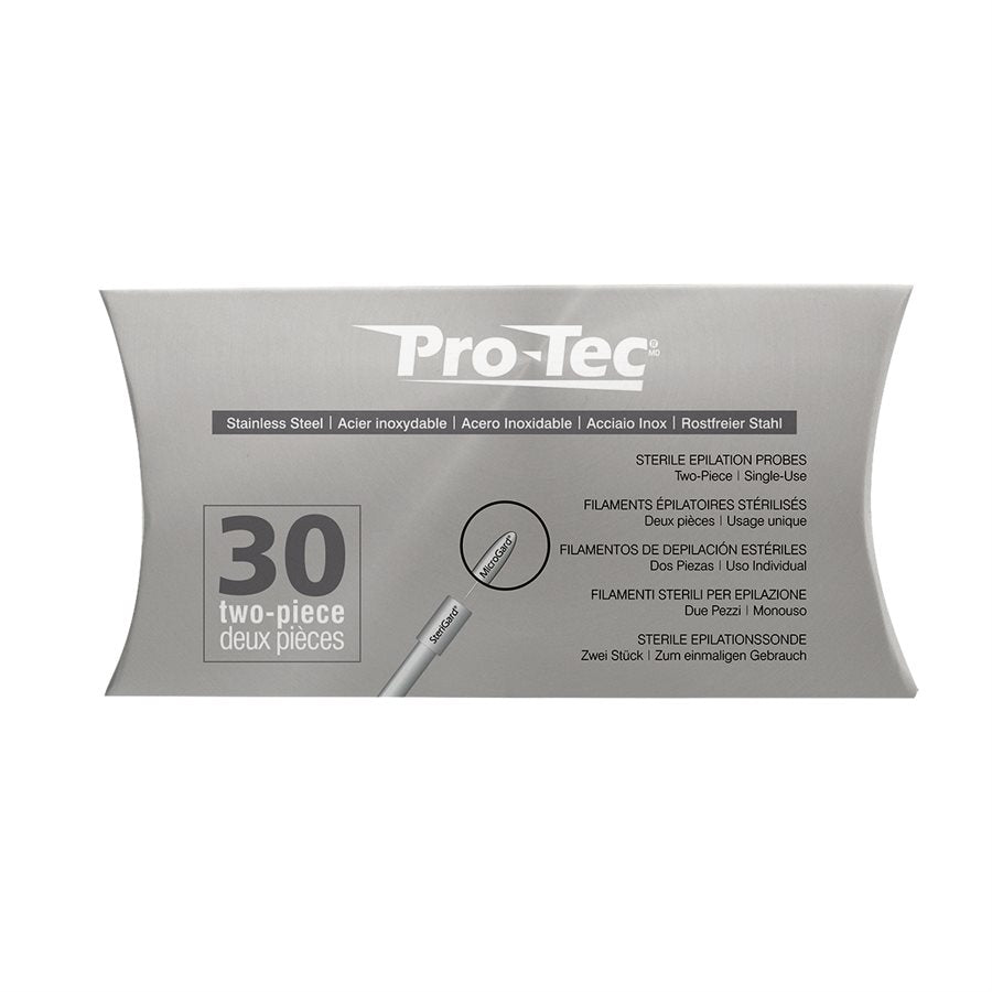 Pro-Tec Stainless Steel Probes - 30pk for Electrolysis Hair Removal | A & E Beauty Supplies. Grey Box with white lettering