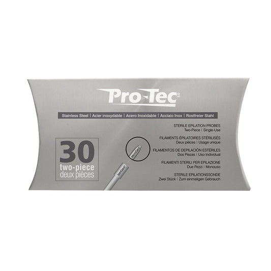Pro-Tec Stainless Steel Probes - 30pk for Electrolysis Hair Removal | A & E Beauty Supplies. Grey Box with white lettering