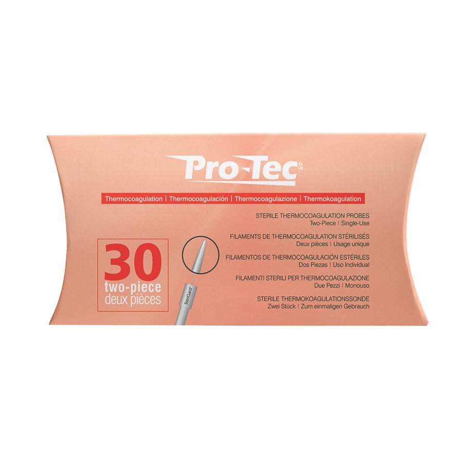 Pro-Tec Thermocoagulation Insulated Probes - 30pk for Skin Lesions and Vascular Treatments | A & E Beauty Supplies. Orange cardboard box with darker orange lettering