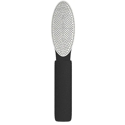 "Diamancel foot callus buffer with diamond-coated abrasive surface, ideal for professional pedicure treatments. Long black handle with broad faced buffer."