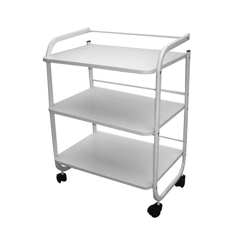 "Round metal trolley Magnum with 3 shelves, used for holding equipment and tools for electrolysis, waxing, and facial treatments"