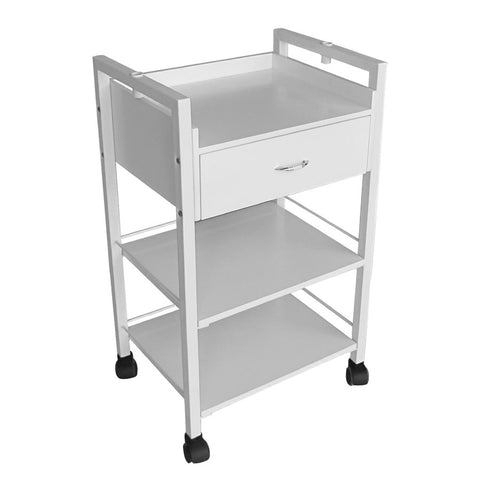 "Round metal trolley Magnum with 3 shelves and 1 drawer, durable design for salon storage"