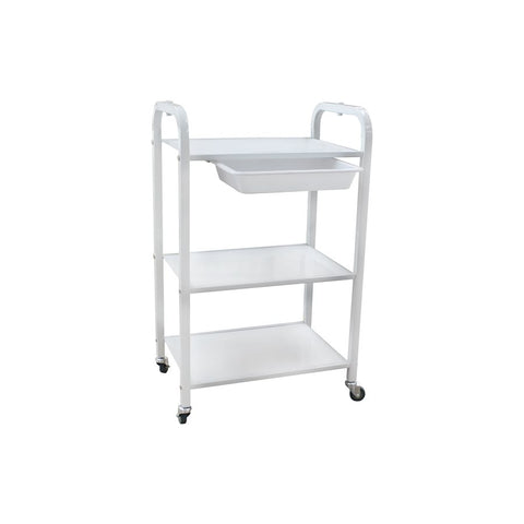 "Round metal trolley with 3 shelves and 1 drawer, durable and modern design for salon storage, from A & E Beauty Supplies"