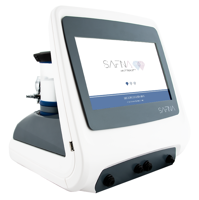 "Safina Pro microdermabrasion device with diamond and crystal tips for exfoliating and improving skin texture. for beauty treatment It targets imperfections such as wrinkles, dark spots, and scars, offering smoother, more radiant skin. "