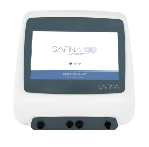 "Safina Pur microdermabrasion device designed for deep exfoliation, targeting imperfections like dark spots, wrinkles, and scars. With corundum microcrystals for exfoliating and improving skin texture."