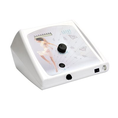 "Sophy diamond tip microdermabrasion device with nine diamond-studded heads for exfoliation and skin treatment. This versatile device features nine diamond-studded exfoliation heads in various sizes and grits to treat skin imperfections like blotchy skin, wrinkles, and scars."