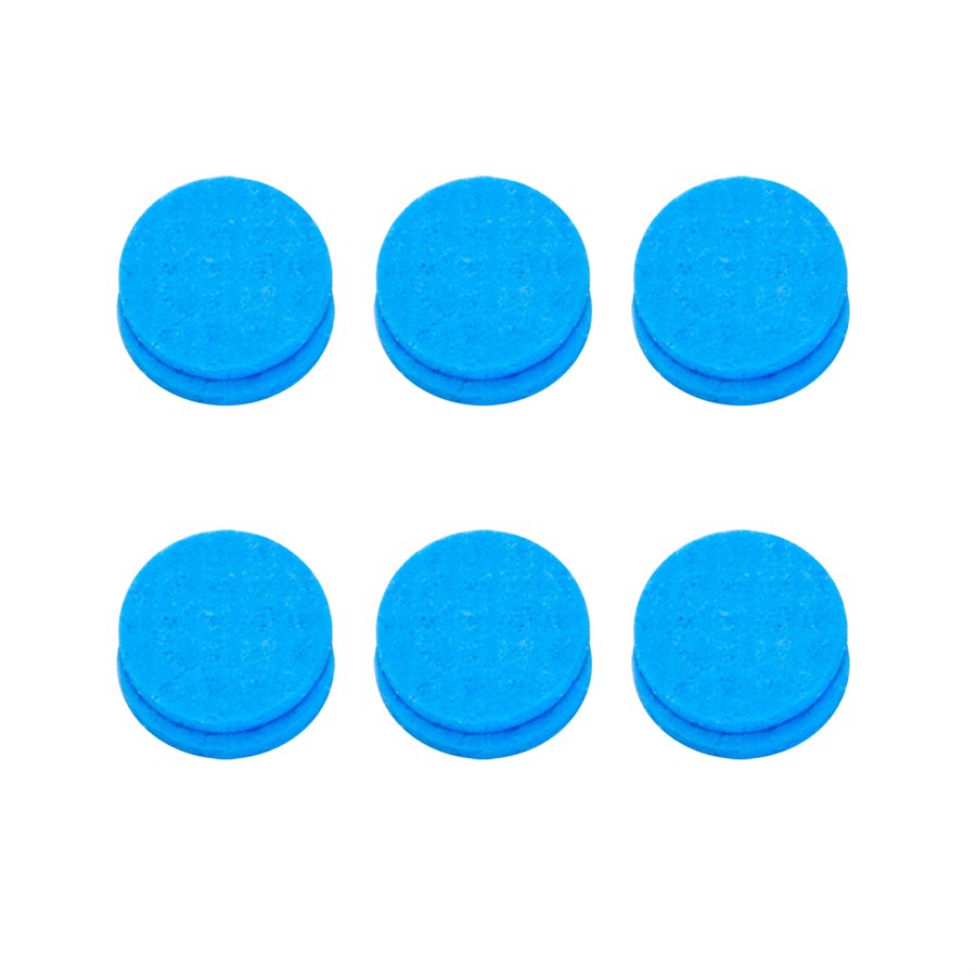 "Spontex sponge-like electrode covers in a 12-pack, designed to fit over electrolysis electrodes. The covers are blue, small, round, and soft, made of absorbent, sponge-like material for effective moisture management and comfort during treatments."