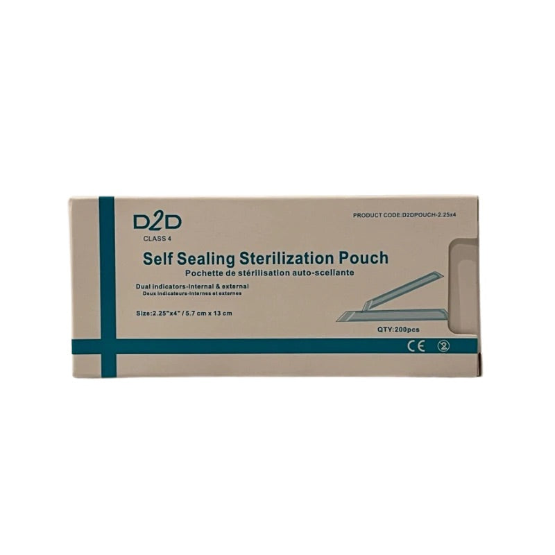 "Sterilization pouches in multiple sizes, box of 200, designed to securely store sterilized tools for medical and beauty. White box with 200 pouches"