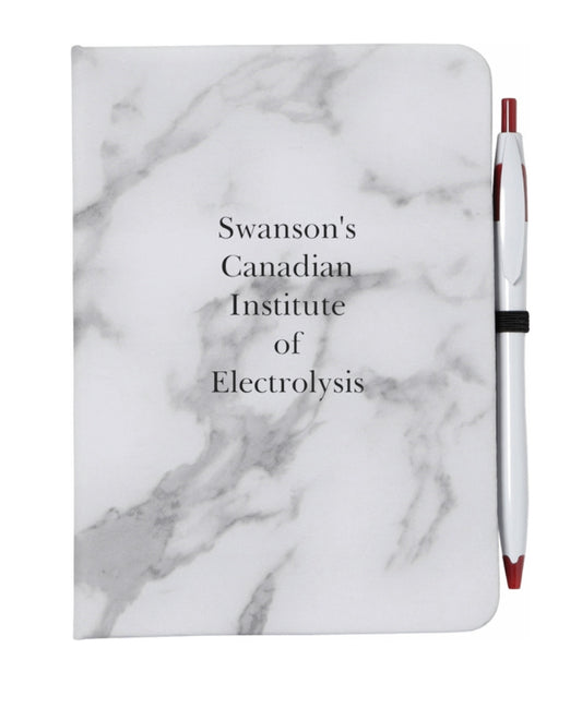 "Swanson's Canadian Institute of Electrolysis Notebook with A & E pen included. Marble design and black pages for note taking"
