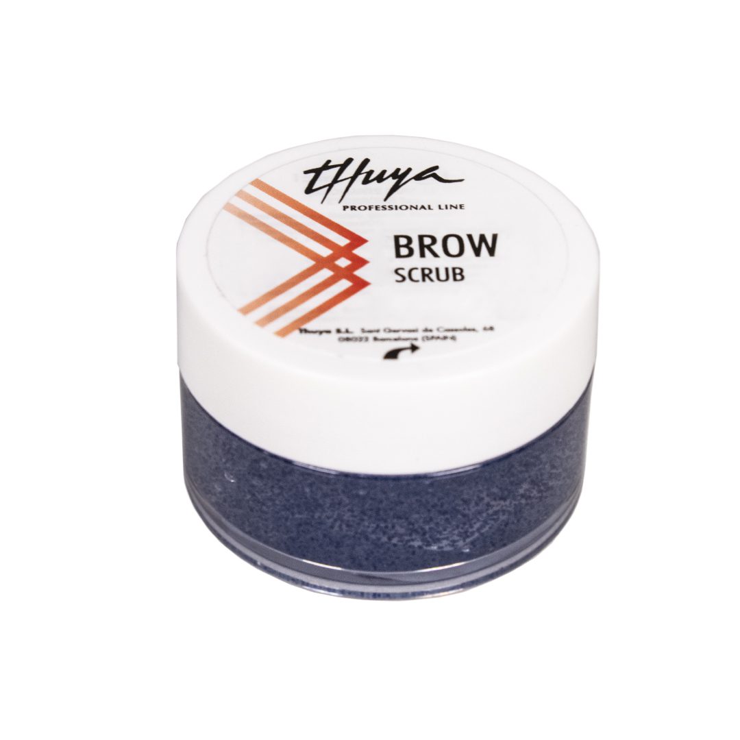 "Thuya Brow Scrub 15ml in a sleek bottle, designed for prepping brows by exfoliating and cleansing before tinting or lamination, displayed on a clean, neutral background."