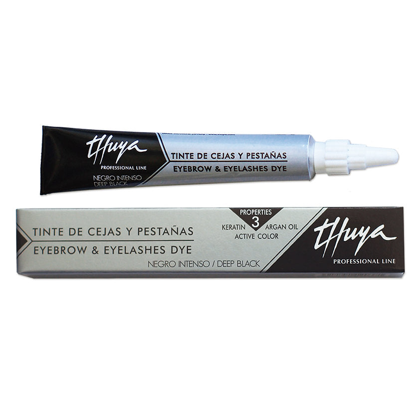 A 14ml tube of Thuya Display Lash & Brow Tint in Deep Black, a professional-grade tint for long-lasting color. The tube features a sleek, modern design with a black and gold label, highlighting the rich color inside. This tint is used for brow tinting and lash tinting services to achieve a deep, bold, and natural finish. The tube is set against a clean, white background, emphasizing the high-quality and professional nature of the product.