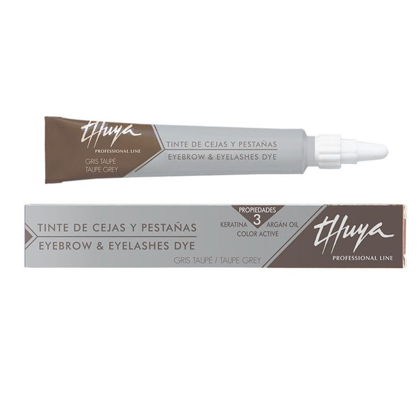 A 14ml tube of Thuya Display Lash & Brow Tint in taupe grey, a professional-grade tint for long-lasting color. The tube features a sleek, modern design with a black and gold label, highlighting the rich color inside. This tint is used for brow tinting and lash tinting services to achieve a deep, bold, and natural finish. The tube is set against a clean, white background, emphasizing the high-quality and professional nature of the product.