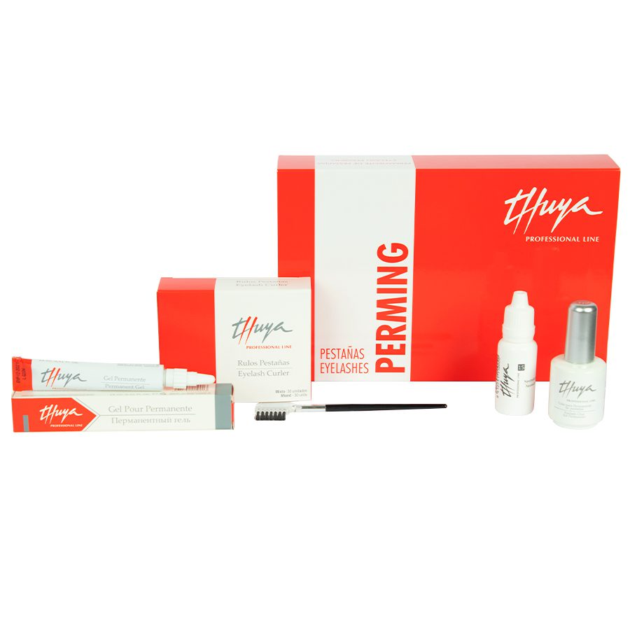 "Thuya Eyelash Perming Kit Classic, including perming solutions and tools for creating long-lasting, curled lashes, displayed in professional packaging on a clean, neutral background."