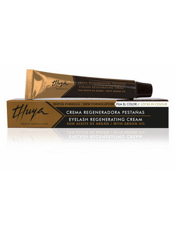 "Thuya Eyelash Regenerating Cream with Argan Oil from A & E Beauty Supplies, for nourishing and repairing lashes and brows. Black and gold tube with black cap in a black and gold box."