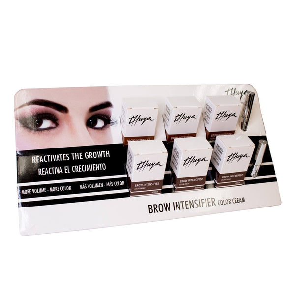 "Thuya New Brow Intensifier 4ml for fuller, defined brows, nourishing and enhancing the natural brow color, available at A & E Beauty Supplies. A display of all of the colours with a women's eyes and brows "