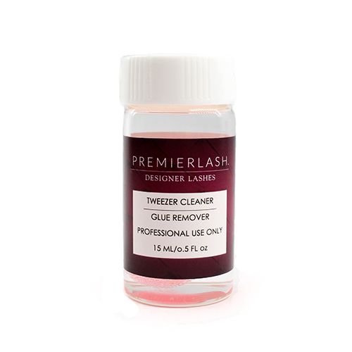 PremierLash Tweezers Cleaner Glue Remover in a compact, practical container, ideal for removing adhesive residue from lash tools, on a red background
