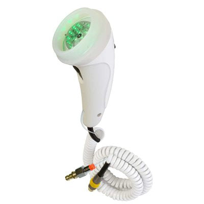 "A light-based oxygen therapy handle featuring a smooth, ergonomic shape. It includes 21 light-emitting LED diodes in three colors: red (625nm), blue (470nm), and green (528nm). The device is designed for skin care treatments, offering stimulation, purification, and soothing effects, respectively, through its color settings. The handle connects to the Vital-O2 oxygen device for enhanced skin care."