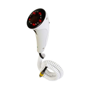 "White handheld device with a red and black end, featuring 5 red light diodes and 10 microcurrent electrodes for anti-aging treatment. Ergonomic design aids in wrinkle reduction and improving skin tone with vibromassage."