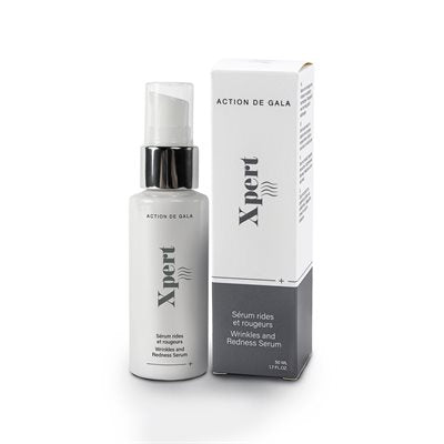 "A bottle with spray lid of Xpert Wrinkles & Redness Serum by Action de Gala, a calming and anti-aging serum for sensitive and redness-prone skin, available at A & E Beauty Supplies"